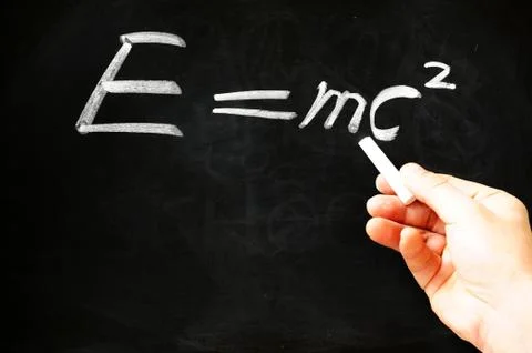 E=mc² albert einsteins physical formula on blackboard Stock Photos
