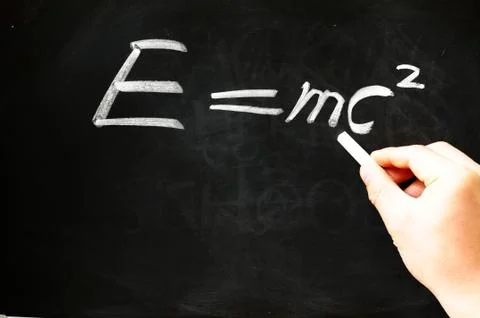 E=mc² albert einsteins physical formula on blackboard Stock Photos