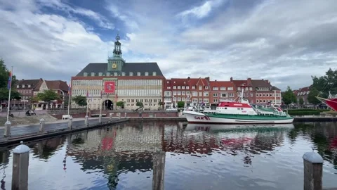 Emden, Germany - August 25, 2026: Emden harbour with historic vessels moored alo Stock Footage 344391579