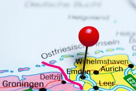 Emden pinned on a map of Germany Foto stock
