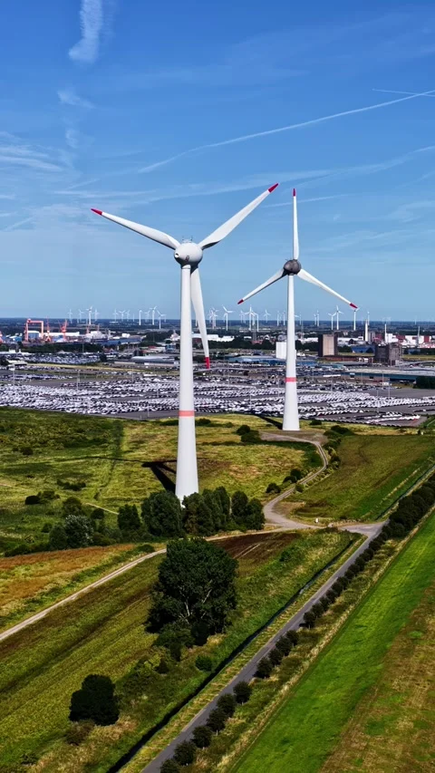 Emden Wind Turbines over Green Fields with Car Factory and Port in Background Stock Footage 346575527