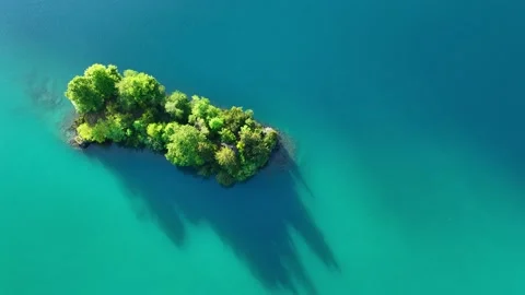 Emerald alpine lake with a small remote islet with trees, aerial view of calm Stock Footage 201291516