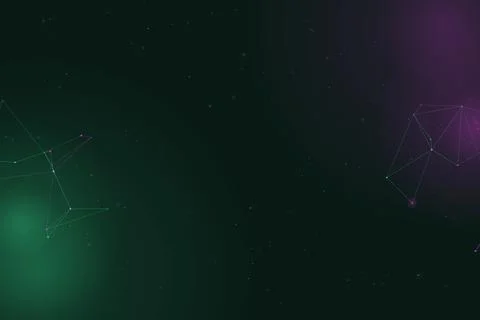 Emerald and violet points of light connect across a spacious dark backdrop,.. Stock Illustration