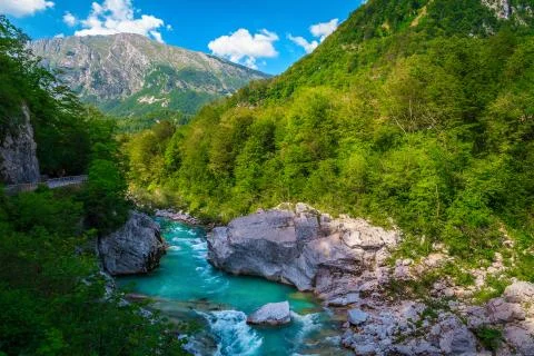 Emerald color Soca river with deep canyon near Kobarid, Slovenia Stock Photos