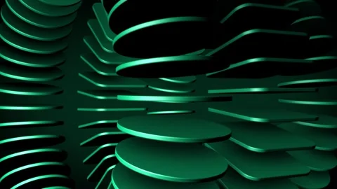 Emerald colored circular and rounded rectangular plates orbit in layered depth Stock Footage 339251316