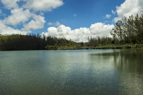 Emerald dam water interconnected with another dam water in the bridge area Stock Photos