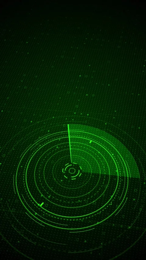 Emerald digital radar scanner screen circular target rings, sweeping green light Stock Footage 340398104