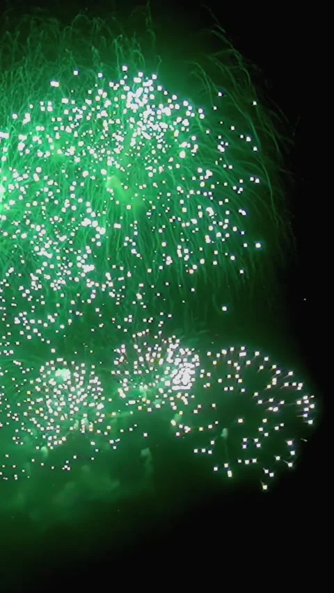 Emerald Firework Bursts Over Darkened Sky During Summer Celebration Stock Footage 344468687