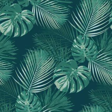 Emerald forest vector seamless pattern tropical background botany green texture Stock Illustration