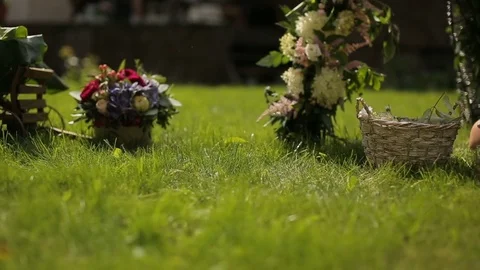 Emerald fresh grass slider dolly shot of a girl making a floral arc over the Stock Footage 80356598