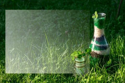 Emerald gradient frame for saint Patrick's day. Bottle and wine glasses. Na.. Stock Photos