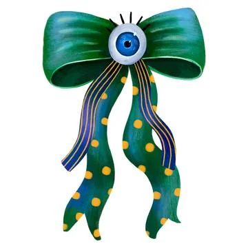 Emerald Green Bow with Eyeball and Yellow Polka Dots Hand Drawn Witchy Magi.. Stock Illustration