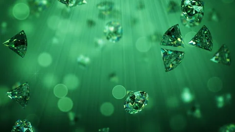 Emerald green brilliants are falling 3D render seamless loop animation Stock Footage 140004062