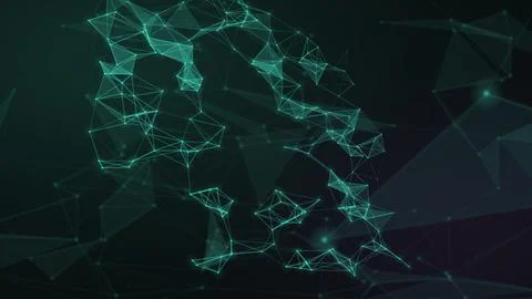 An emerald-green web of angular lines and translucent polygons floats over .. Stock-Illustration
