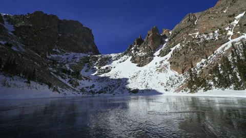 Emerald Lake Dream Lake Winter ice icy frozen iced over high alpine Bear Lake Stock Footage 329547778