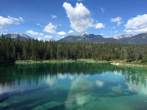 Emerald lake ringed by conifer forest and mountains under blue skies. Foto stock