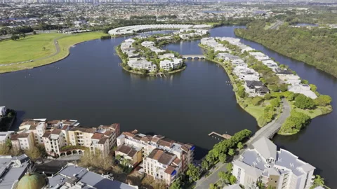 Emerald Lakes Aerial View Scenic Gold Coast Lake.Lakeside Waterfront Homes Video stock 311211684