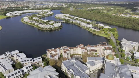 Emerald Lakes.Aerial View Scenic Gold Coast Lake.Lakeside Waterfront Homes Stock Footage 311220153