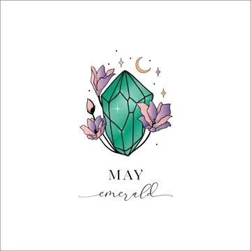 Emerald, May. Colored Flowered Hand Painted Birthstones Gem Illustration. Stock Illustration