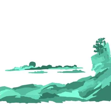 Emerald mountain landscape with full moon among clouds in Japanese style Stock Illustration