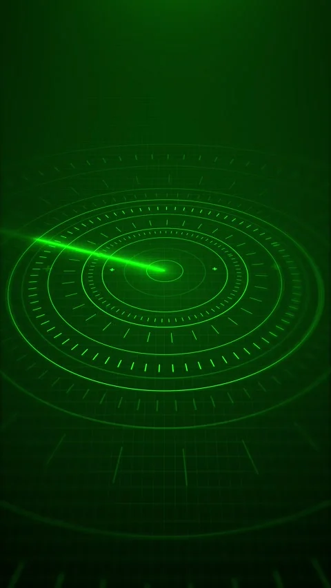 Emerald radar display scene glowing scanner rings, target sweep, digital grid, a Stock Footage 340398367