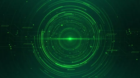 Emerald radar scanner tech visual concentric interface rings, glowing circuit ma Stock Footage 340576153