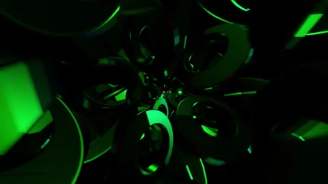 Emerald ring tunnel VJ loop with glossy chrome rings spiraling into core Stock Footage 335036820