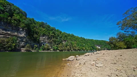 Emerald River &amp; Towering Limestone Cliffs Under Endless Blue Sky Stockbeeldmateriaal 321501480
