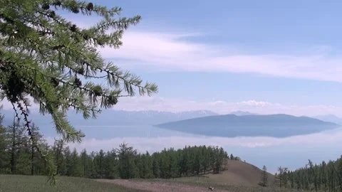 Emerald Slopes Meet Tranquil Khuvsgul Lake in Mongolia Stock Footage 344613608