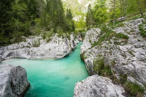 Emerald Soca river flowing through the rocky gorge in Slovenia Stock Photos