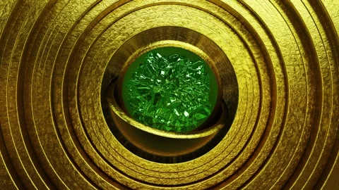 Emerald sphere inside of two golden hemispheres surrounded by moving rings Stock-Footage 266906132