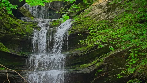 Emerald Veil: Sunlit Cascade Through Lush Mossy Cliffs Video stock 321506410