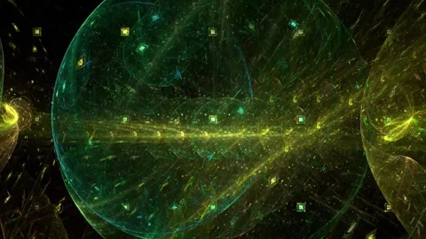 Emerald Wave of Digital Fragments Across a Futuristic Black Space Stock Footage 346155227