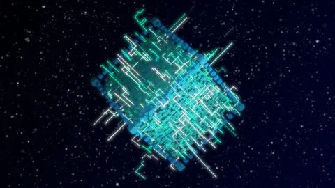 Emergence Sci-Fi cube with neon glowing elements Stock Illustration