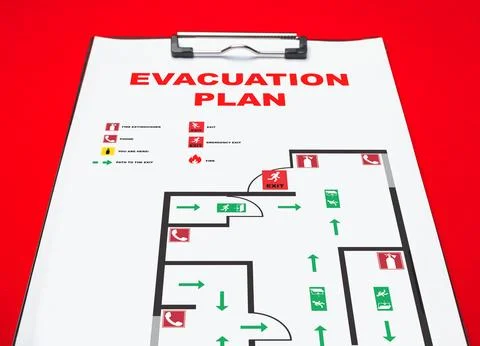 Emergency 911 evacuation plan for building safety and response in case of Stock Photos