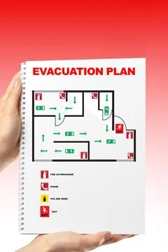 Emergency 911 evacuation plan showing routes and exits for safety during Stock Photos