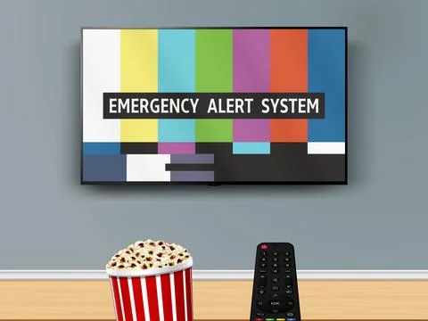 Emergency alert system. Remote control is pointed at the no signal TV on the  イラスト素材