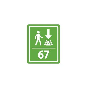 Emergency assembly point sign down arrow number 67 pictogram Stock Illustration
