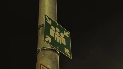 Emergency Assembly Point Sign Illuminated at Night on Urban Street Corner Stock Footage 319759387