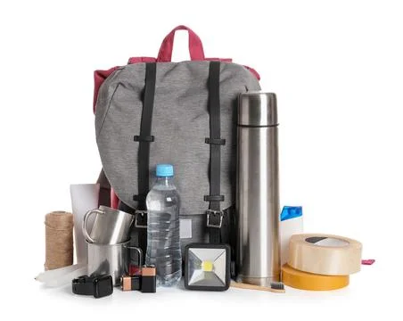 Emergency backpack with necessities on white background Stock Photos