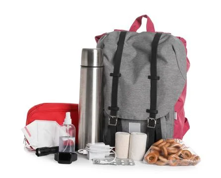 Emergency backpack with necessities on white background Stock Photos