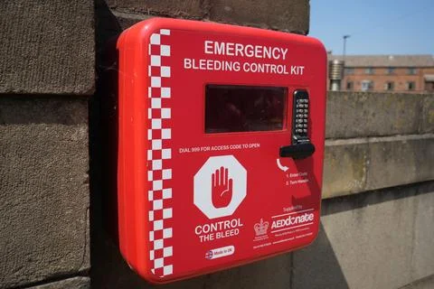 Emergency Bleeding Control Kit Box On Stone Wall In Derby, England Stock Photos