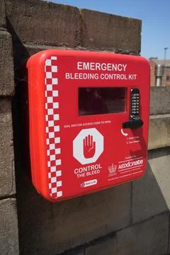 Emergency Bleeding Control Kit On Stone Wall In Derby, England 写真素材
