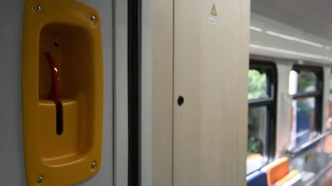 Emergency brake from a train compartment. Interior view of the train interior Video stock 161420599