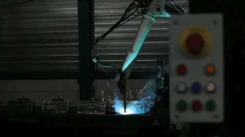 Emergency button for computer engineered robotic welding arm Stock Footage 10980748