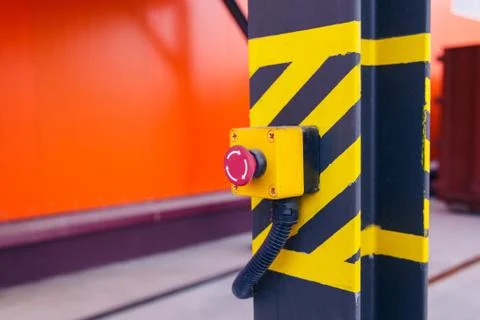 Emergency button on the conveyor Stock Photos