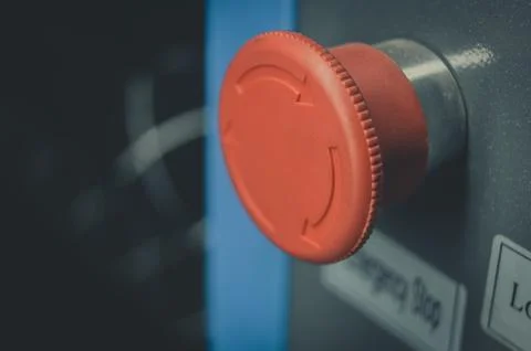 Emergency button. Large red emergency stop button for production equipment at Stock Photos