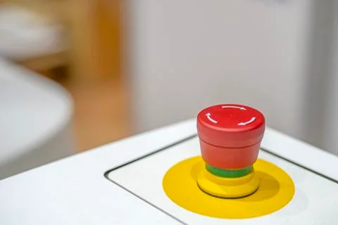 Emergency button stop red off safety control Foto stock