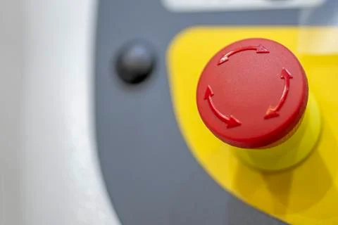 Emergency button stop red off safety control Foto stock