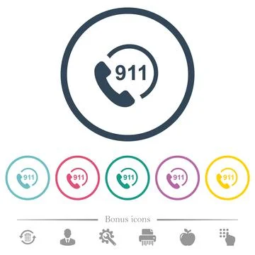 Emergency call 911 flat color icons in round outlines Illustrazione stock
